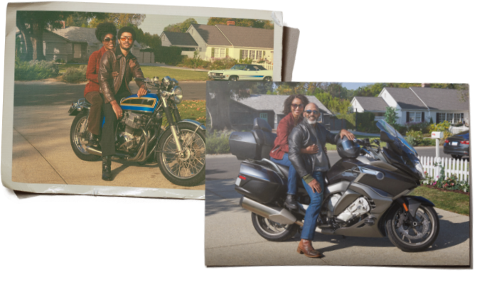 Vintage photo of a man and woman riding a motorcycle