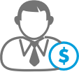Grey and blue field reimbursement manager icon is an outline of a person with a blue dollar sign.