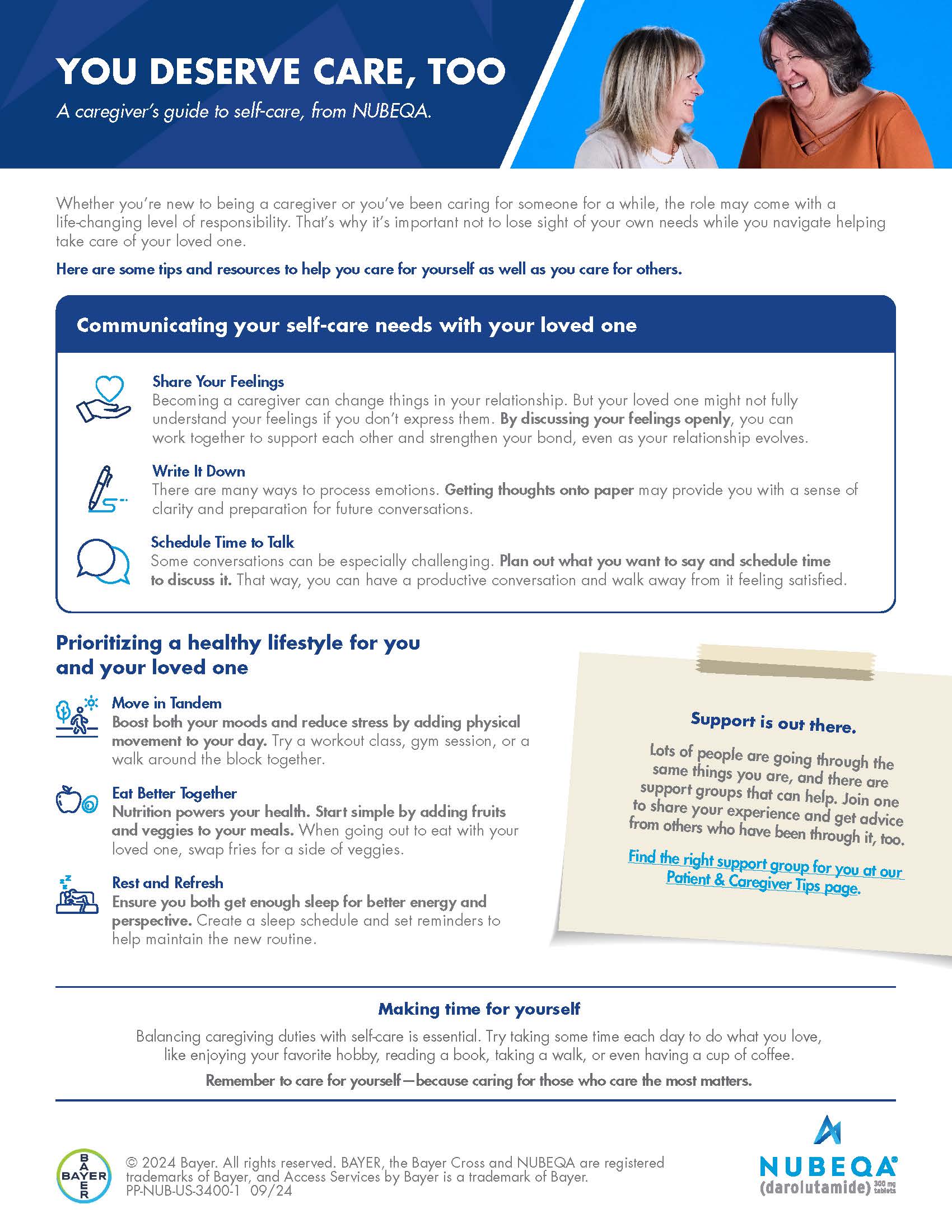 Downloadable guide with tips and resources to help caregivers care for themselves