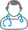 Grey and blue medical support icon of a doctor with a stethoscope.